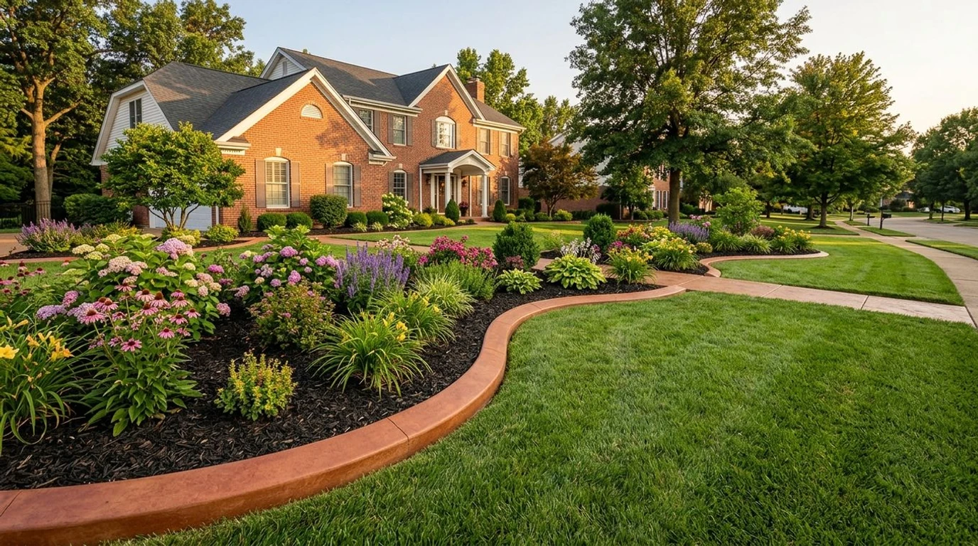 Colored concrete curbing in earth tone installed along a front yard landscape bed in Greater St. Louis