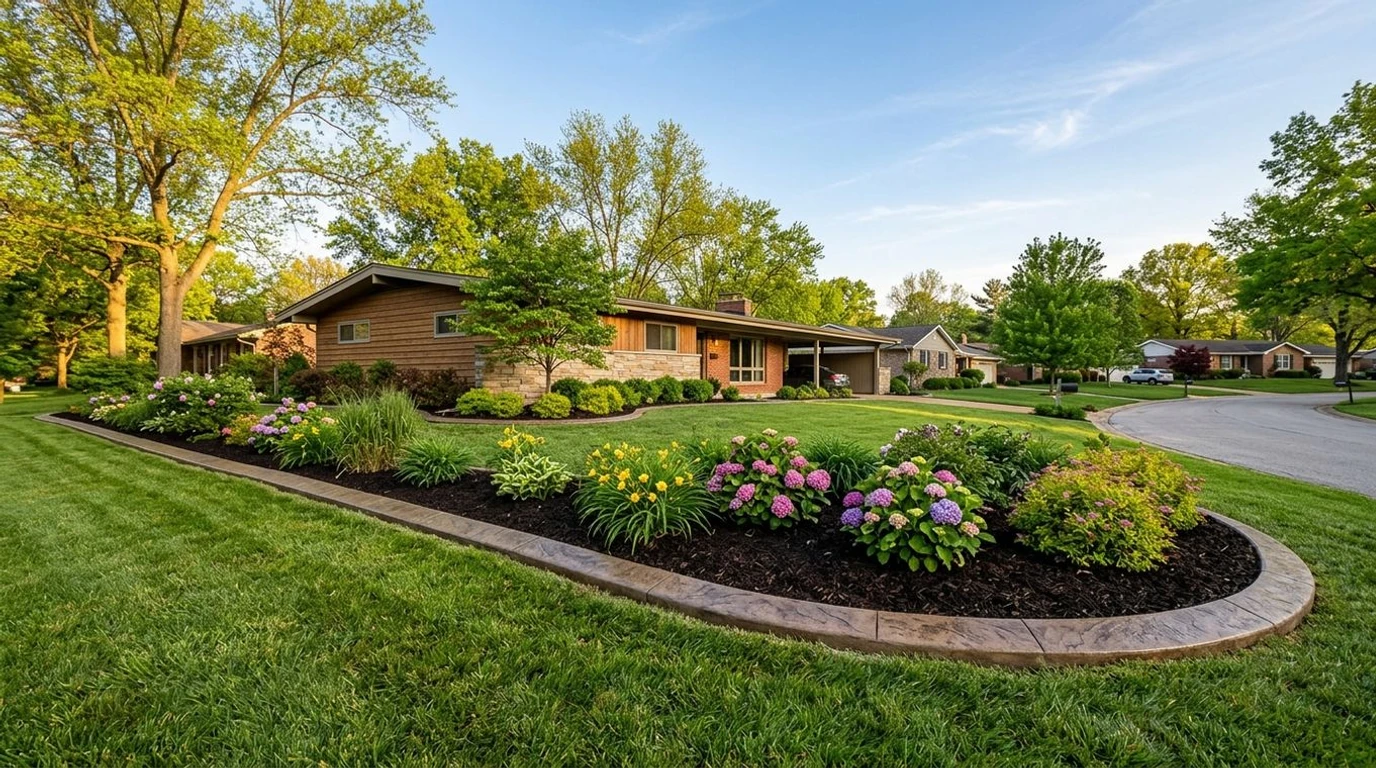 Custom decorative concrete curbing along a landscaped front yard in Creve Coeur, Missouri